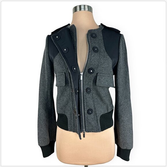 BCBGMaxazria Charcoal Gray and Black Wool Cashmere Blend Bomber Jacket Coat XXS - Picture 2 of 5